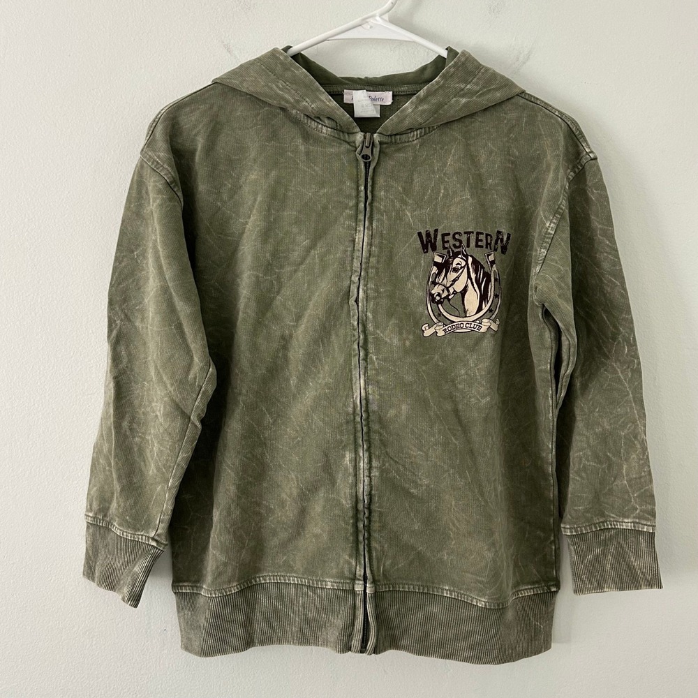 Pastel Palette Girl's Faded Green Western Horse Hoodie Zip Jacket M Medium New